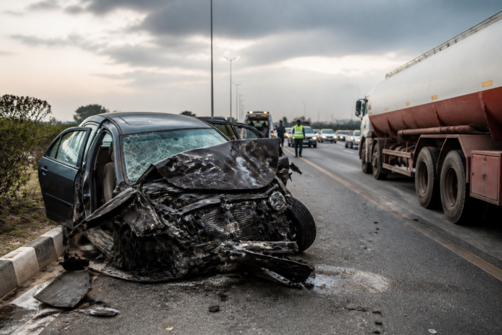 Devanahalli accident scene on an airport road involving a mangled car and gas tanker