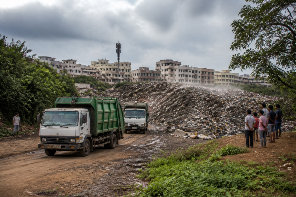 Bhubaneswar waste dumping site near Sainik School with garbage trucks and a large waste mound