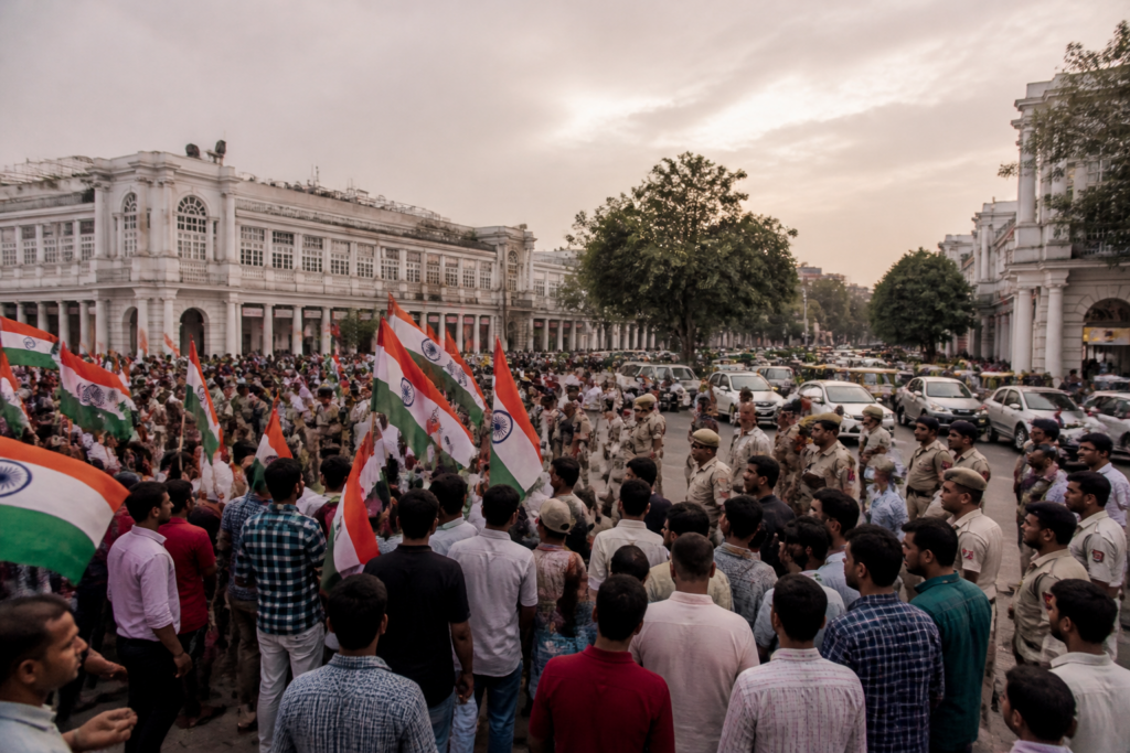Delhi tiranga march supporters gathering near Connaught Place's Central Park
