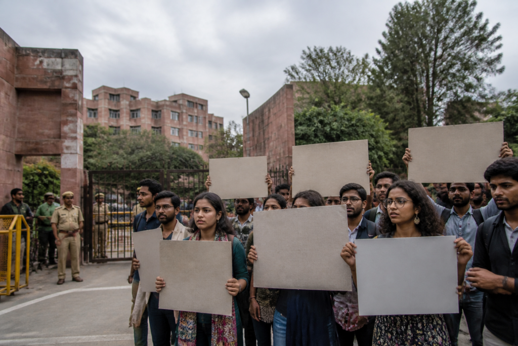 JNU protest over the dismissal of professor Angomcha Bimol Akoijam at the university gate