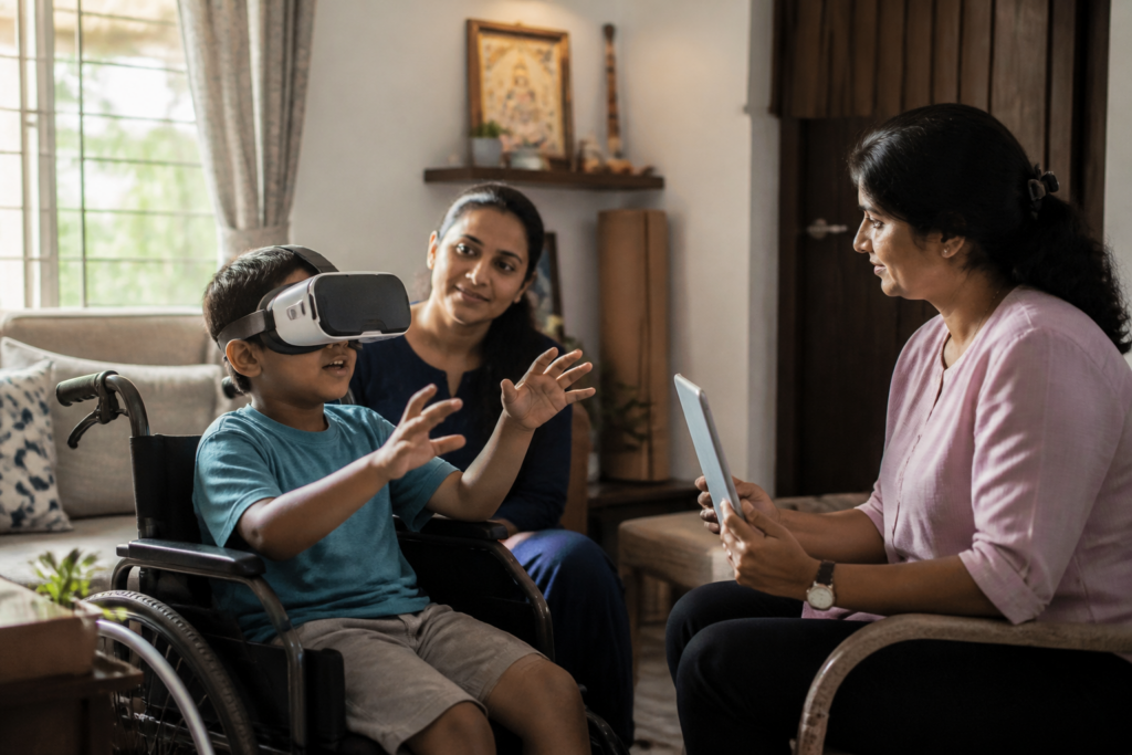 JADHU platform headset being used for home-based therapy by a differently abled child