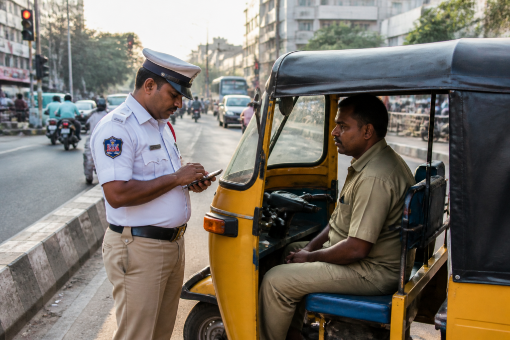 Hyderabad traffic police vehicle monitoring an autorickshaw involved in a distracted driving complaint