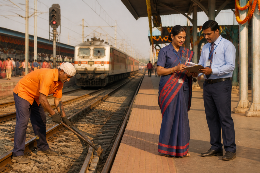 Railway employees bonus announcement involving Indian Railways staff at a station