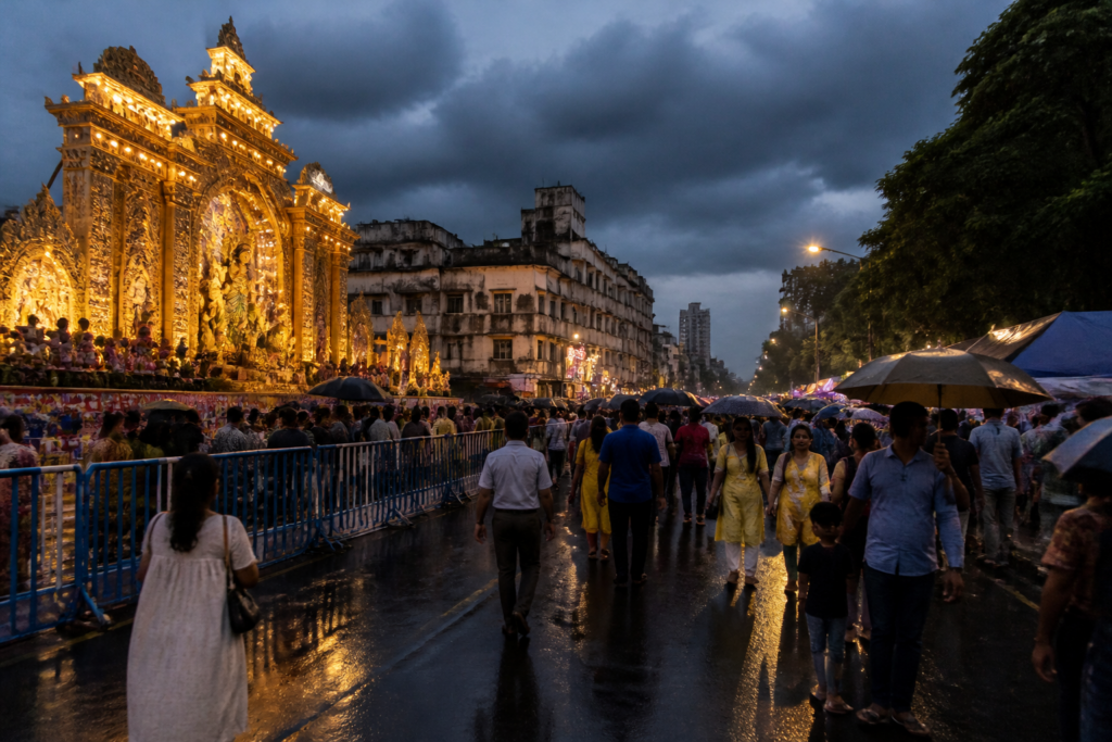 Kolkata Puja weather brings rain clouds over a crowded pandal-hopping street
