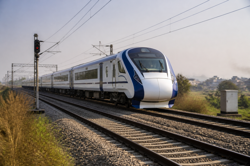 Vande Bharat manufacturing trainset undergoing a high-speed trial on Indian railway tracks