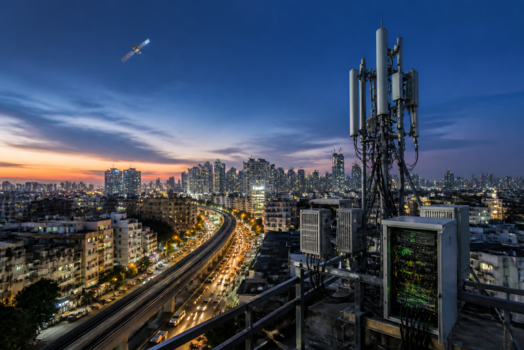 Jio IPO analysis showing a 5G telecom tower and dense Indian city skyline