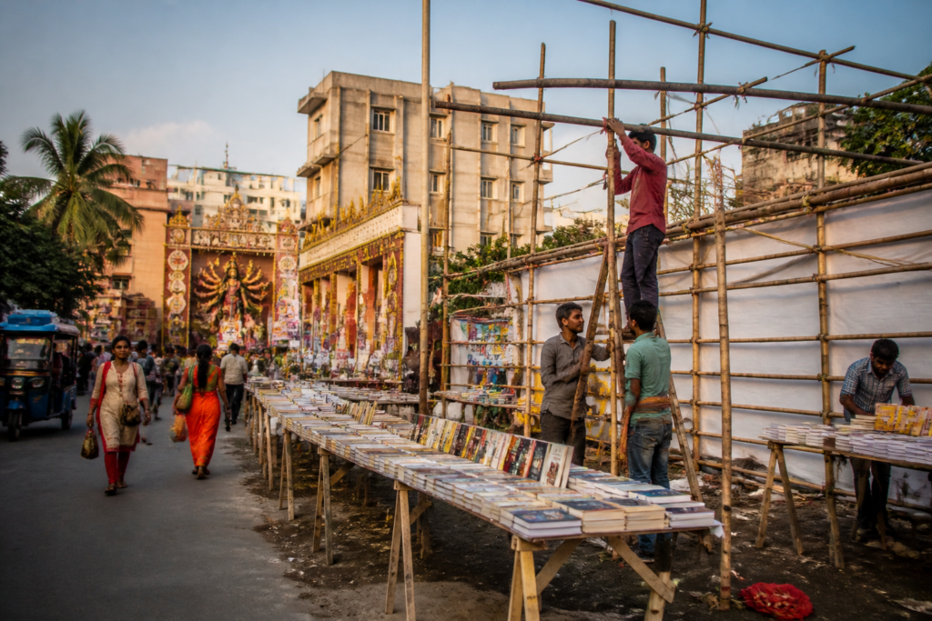 Temporary bookstalls near a Durga Puja area in Kolkata amid a court permissions dispute