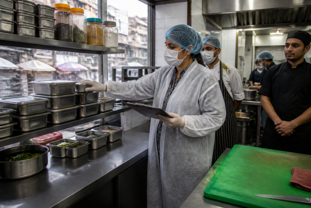 Mumbai FDA food safety inspection at an urban restaurant kitchen