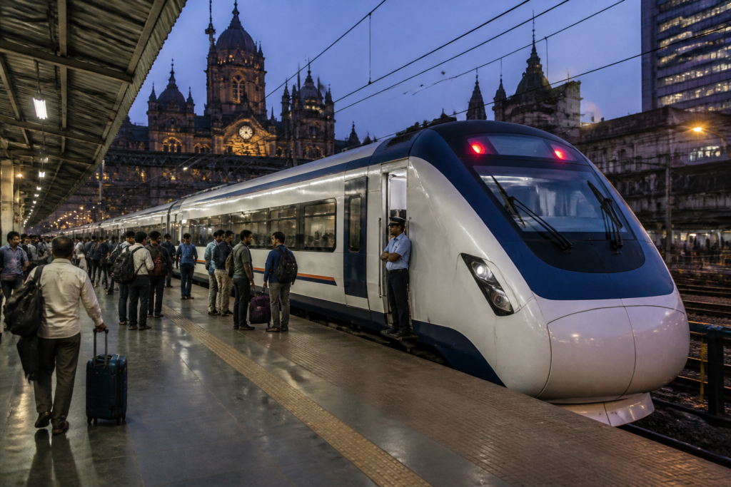 Mumbai-Bengaluru Vande Bharat Sleeper train at a major Indian railway terminal