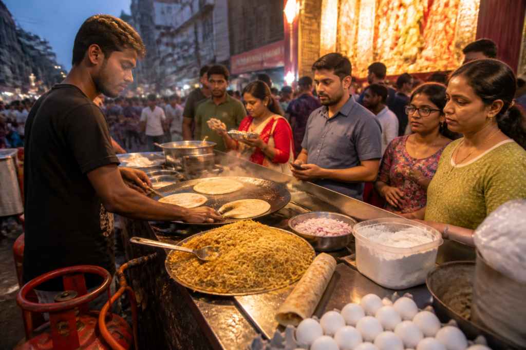 Kolkata street food prices displayed at a busy Durga Puja food stall