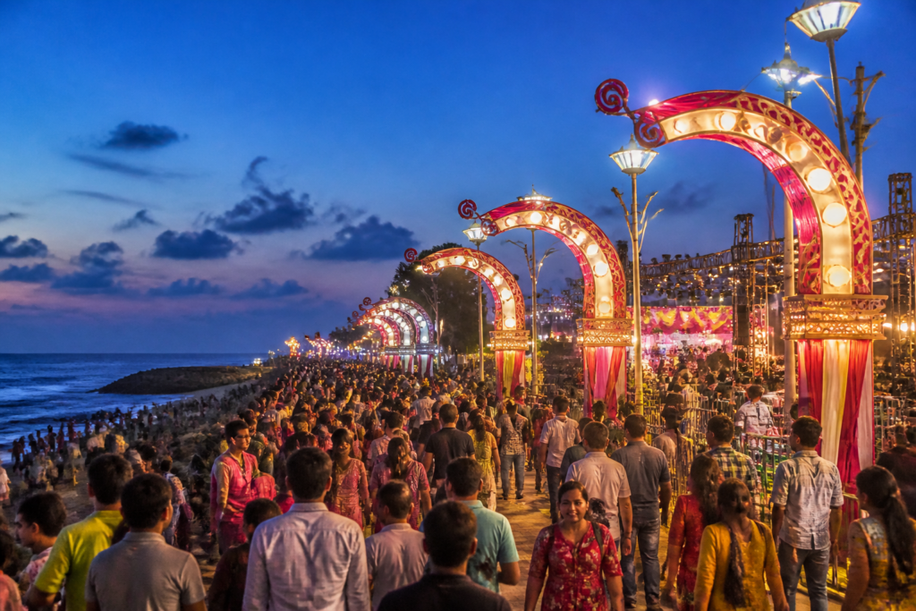 Digha Durga Puja decorations and illuminated coastal promenade in Digha