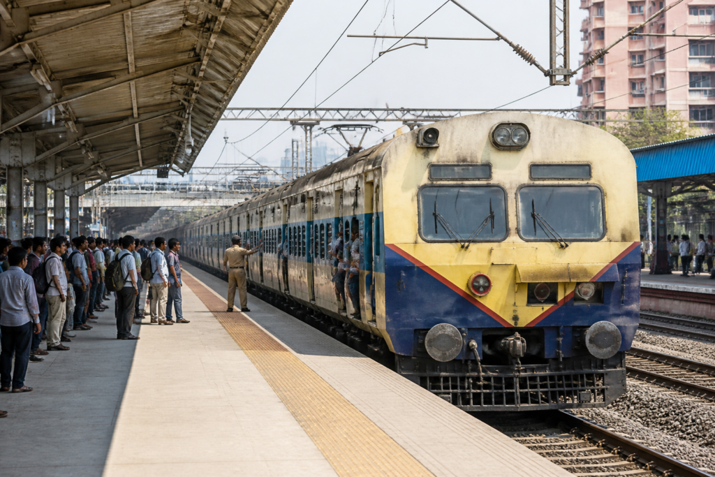 Delhi-Faridabad MEMU train arriving at Faridabad railway station