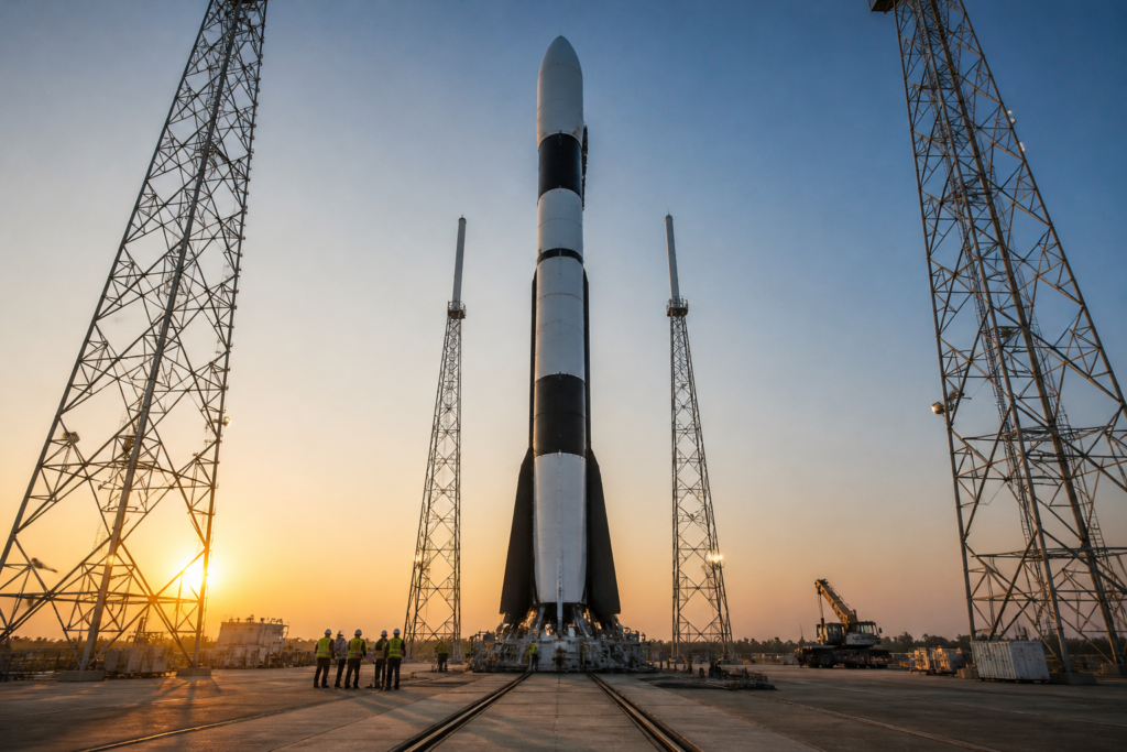 Skyroot Aerospace Vikram rocket at an Indian launch facility