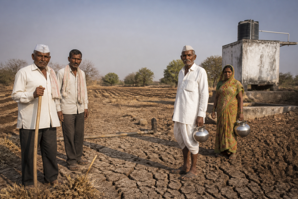 Maharashtra drought relief measures for farmers in a dry rural landscape