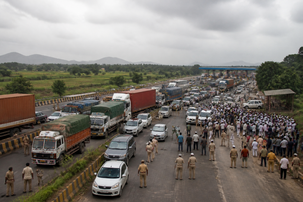 Traffic halted on the Mumbai-Bengaluru Highway during a farmers’ protest near the Kognoli toll plaza.