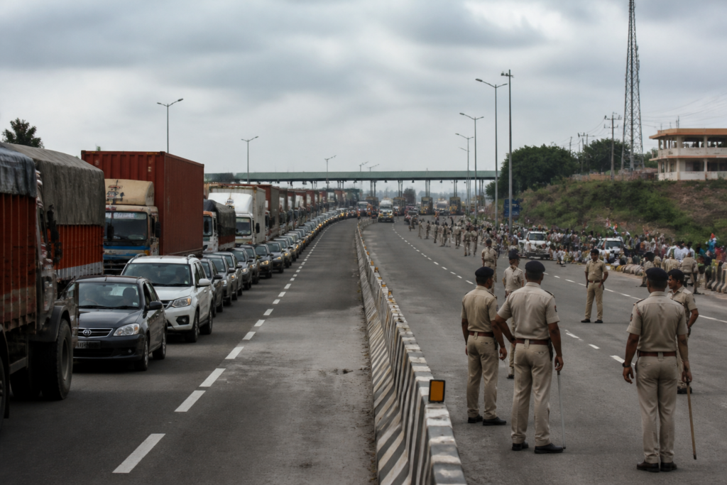 Traffic halted on the Mumbai-Bengaluru Highway near the Kognoli toll plaza during a farmers’ protest