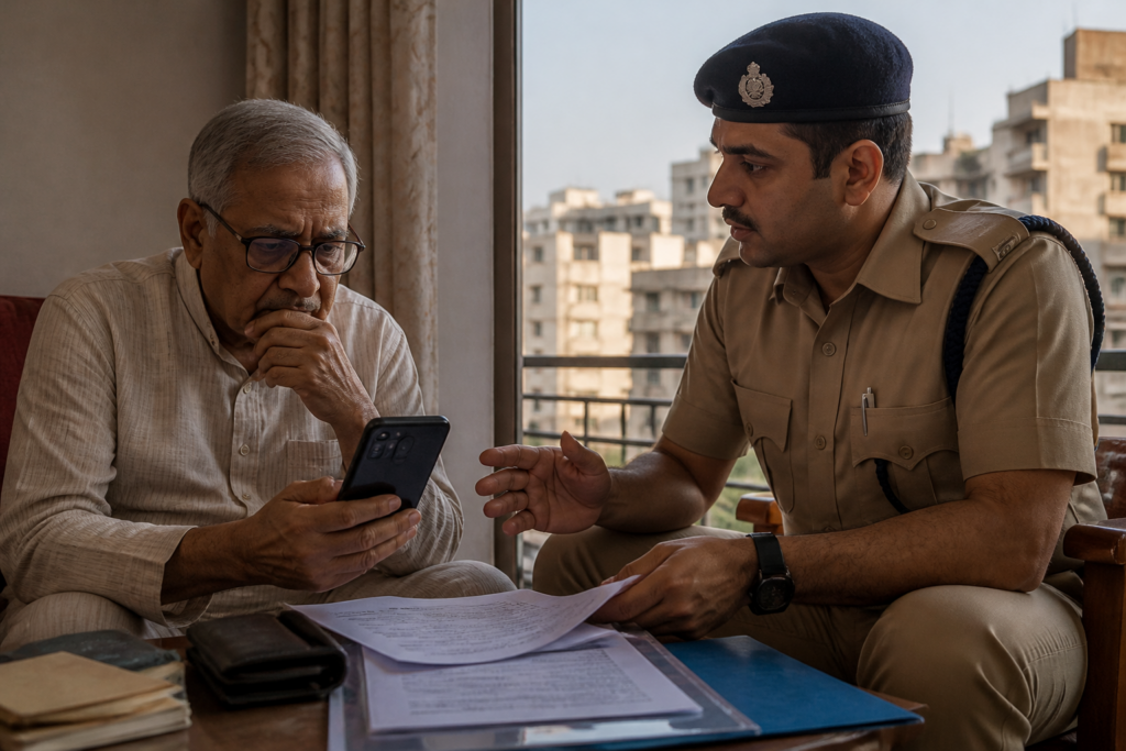 Delhi cyber fraud warning involving an elderly resident and a police officer