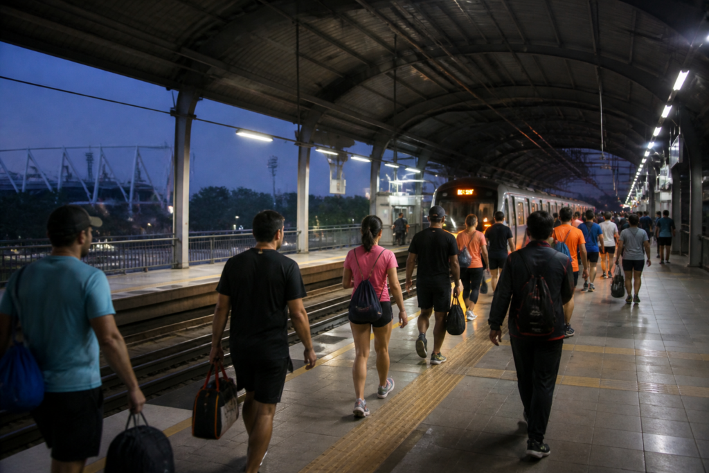 Delhi Metro train service for Delhi Half Marathon runners near Jawaharlal Nehru Stadium