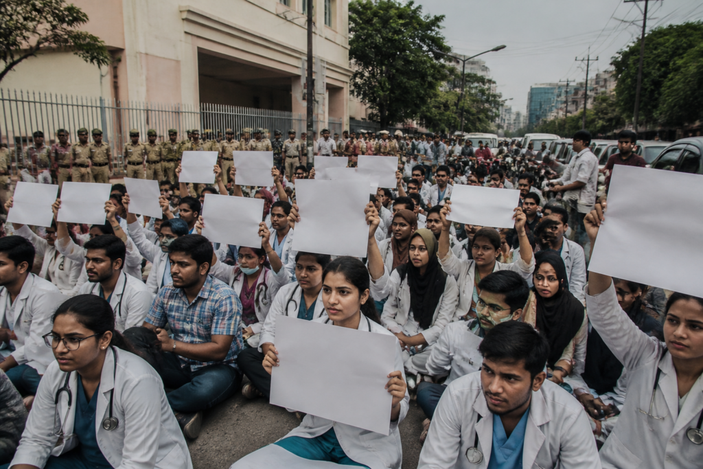 FMG interns stipend protest outside the DME office in Koti, Hyderabad