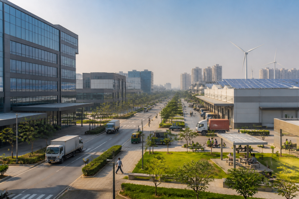 Delhi Industrial Policy 2026 visual showing a modern technology and logistics hub in the capital