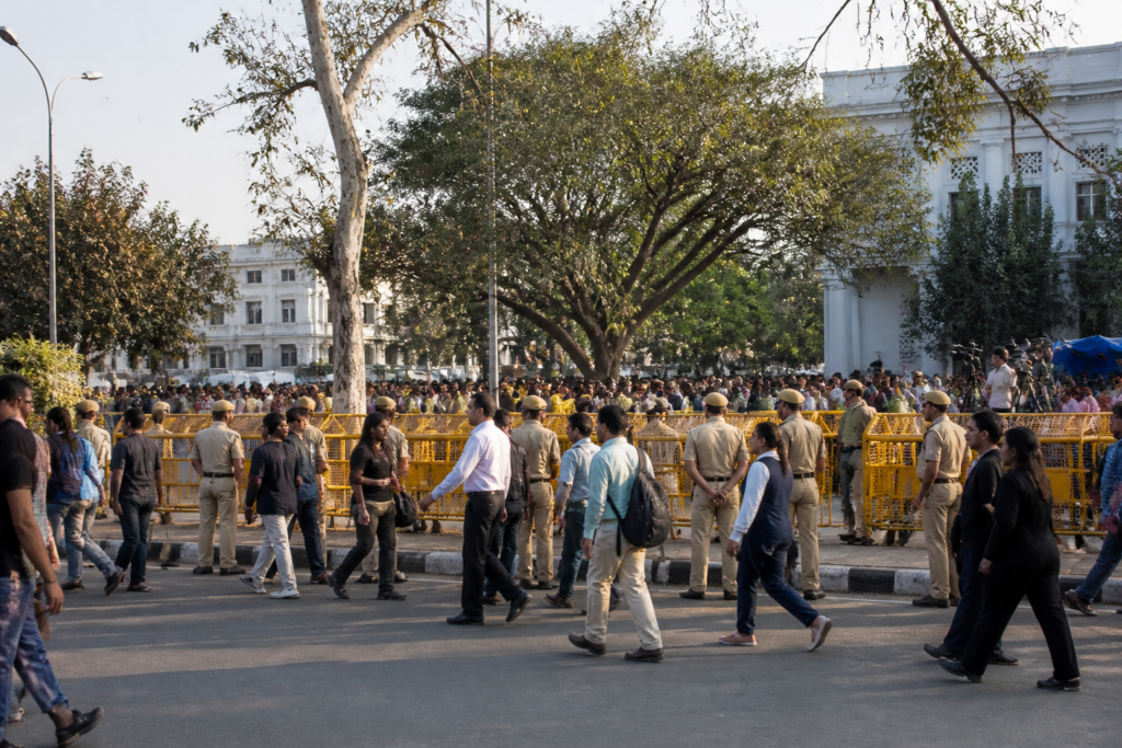 Jantar Mantar protest site in New Delhi with police barricades and a public demonstration area