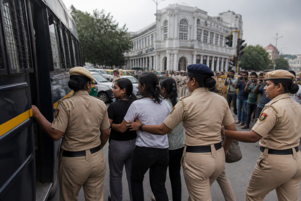 Delhi Police protest detention scene involving student protesters in central Delhi
