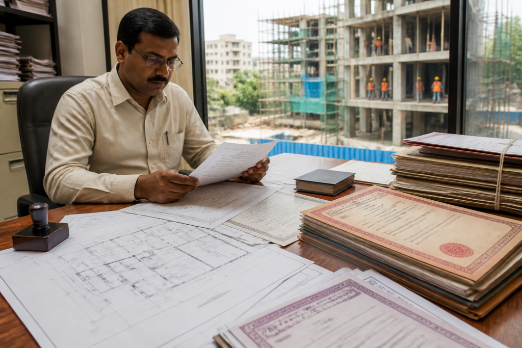 Maharashtra property registration documents and a sanctioned building plan on a real estate desk