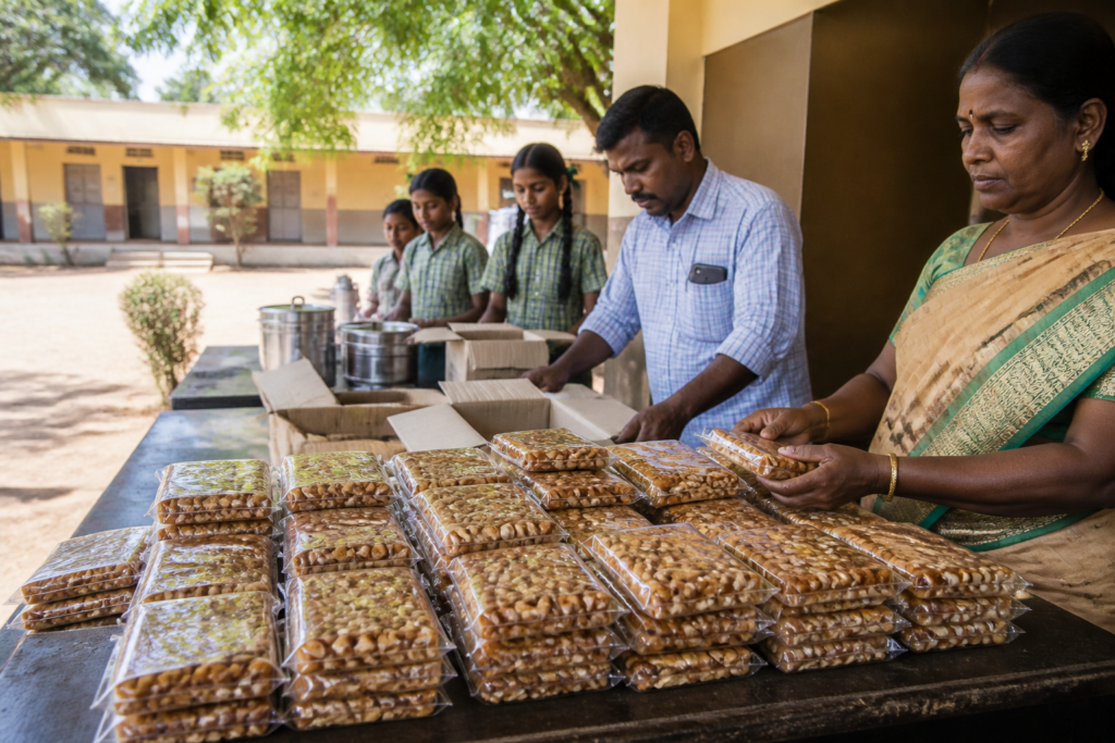 Tamil Nadu school sweets procurement featuring Kovilpatti peanut candy and school meal supplies