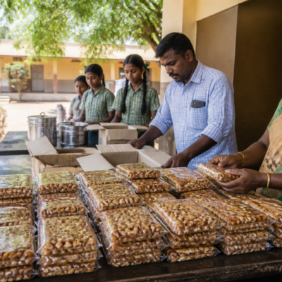 Tamil Nadu school sweets procurement featuring Kovilpatti peanut candy and school meal supplies