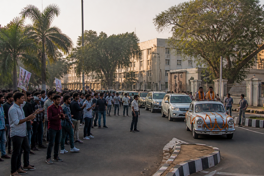 Bhubaneswar campus polls with election posters and student campaign activity outside a university