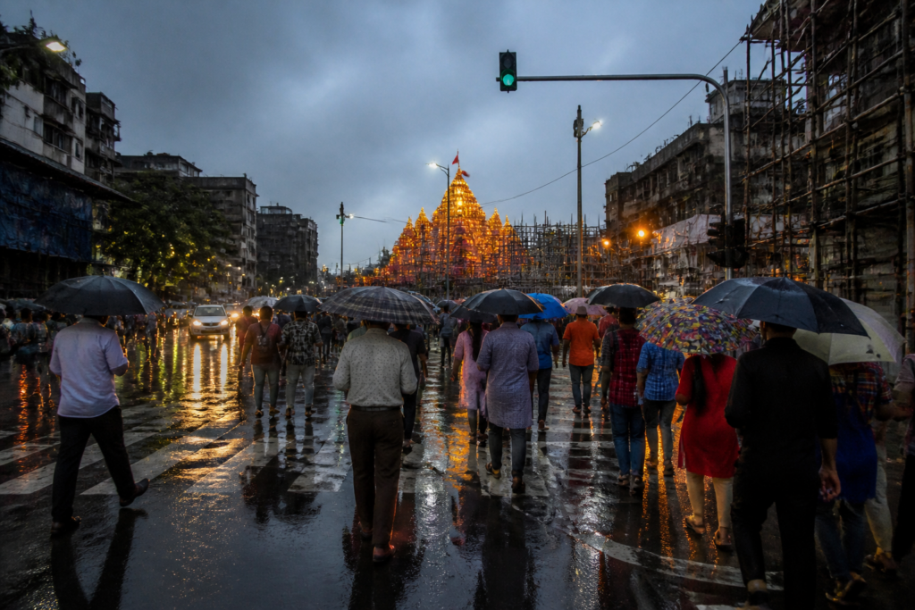 Kolkata Durga Puja rain forecast showing wet streets and umbrellas near a festive pandal