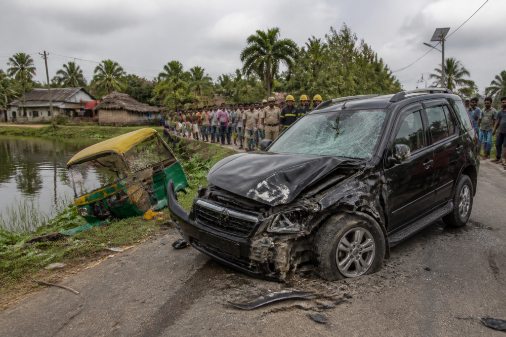 Sandeshkhali accident site near a pond after an SUV collided with a toto