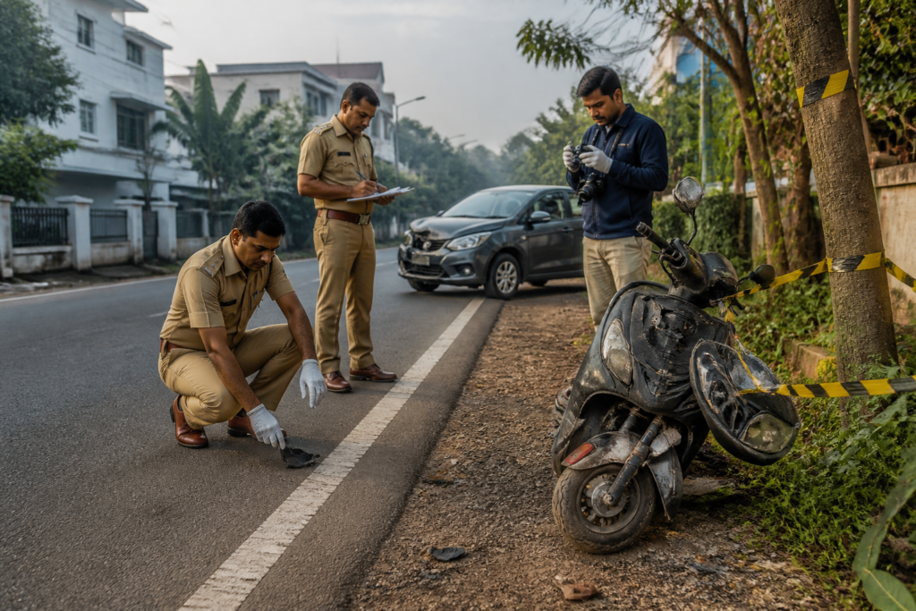 Police investigation near the site of the Kochi Mini Cooper crash at Nedumbassery