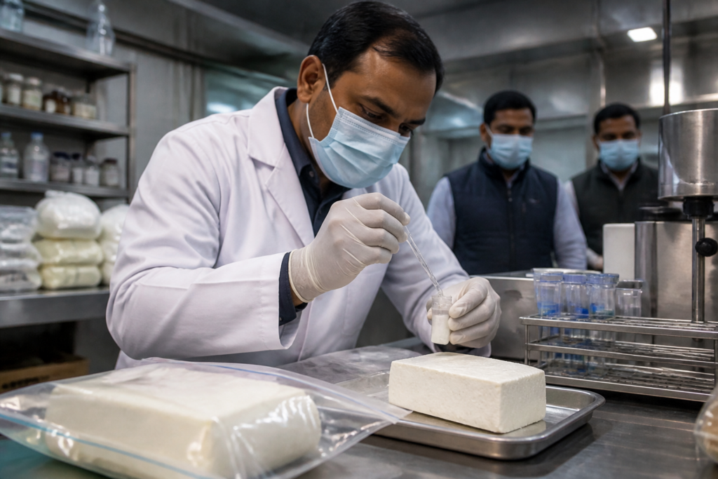 Delhi fake paneer crackdown represented by paneer samples undergoing food safety testing