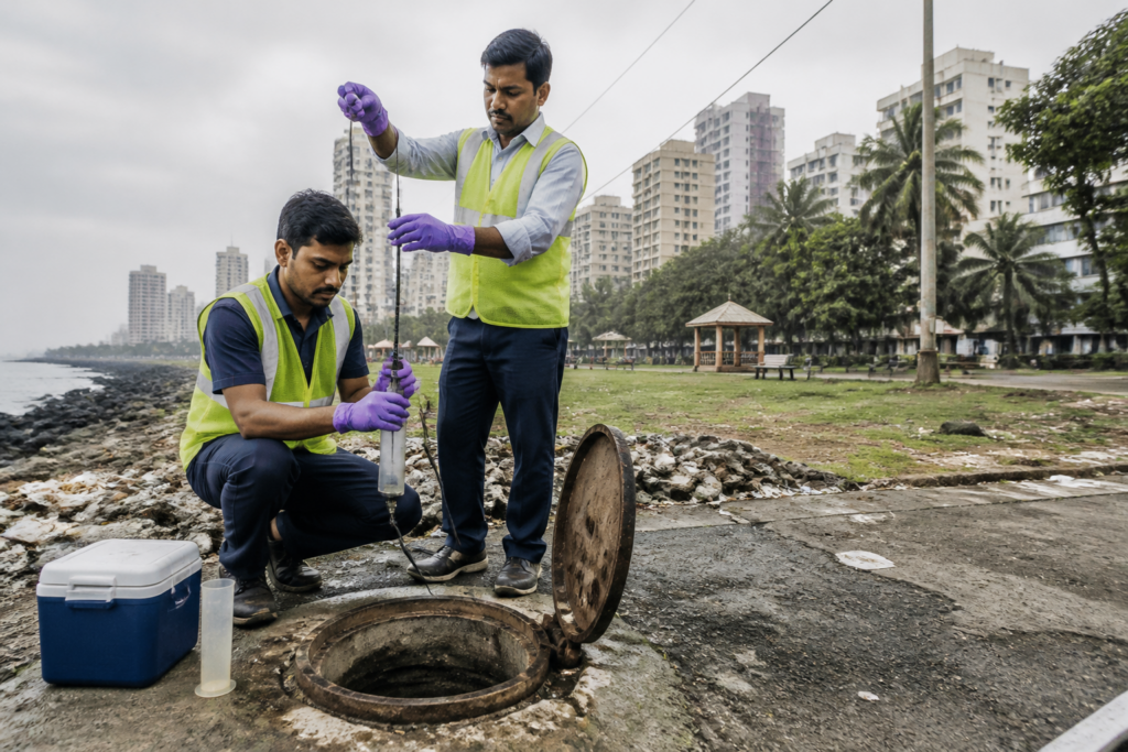 Mumbai groundwater risk near a coastal neighbourhood with wells and urban buildings
