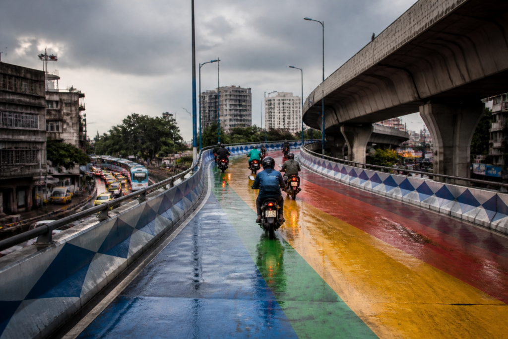 Kolkata rainbow flyover painted in bright colours during wet weather