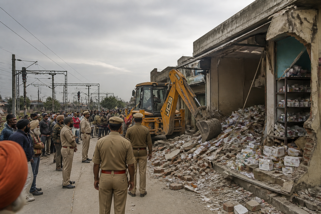 Mansa demolition drive outside a damaged medical store amid police deployment