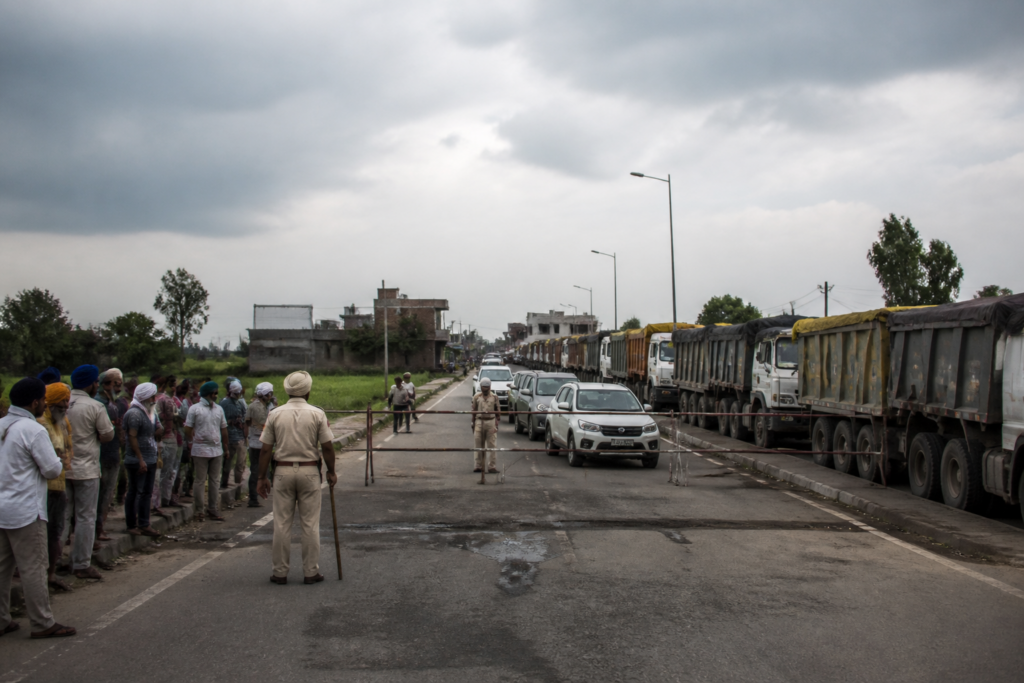 Punjab bandh barricades blocking a road near Mansa as police restrict traffic