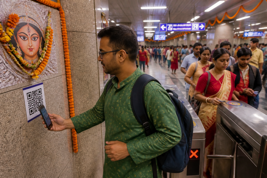 Kolkata Metro ticket booking facilities and commuters at a busy station ahead of Durga Puja