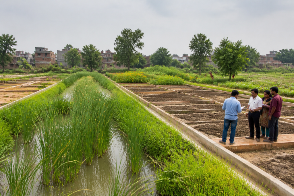 Faecal sludge management system using planted wetlands and drying beds for sustainable sanitation