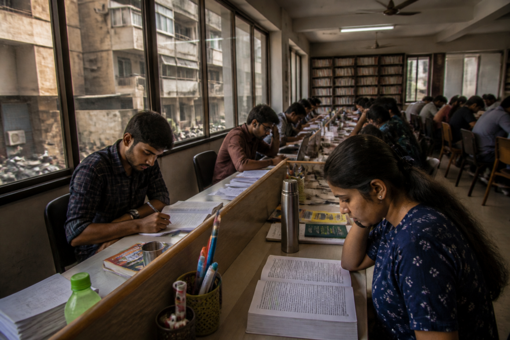 MPSC aspirants in Pune studying at a crowded library amid rising living costs and exam delays