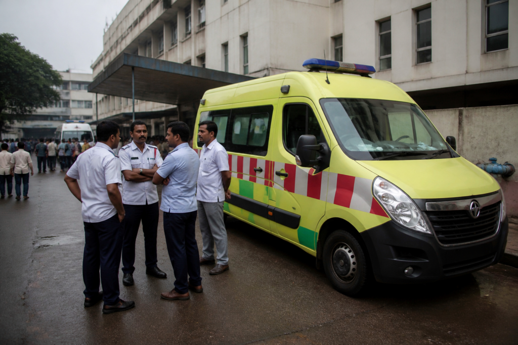 Karnataka 108 ambulance service vehicle parked on a Bengaluru street
