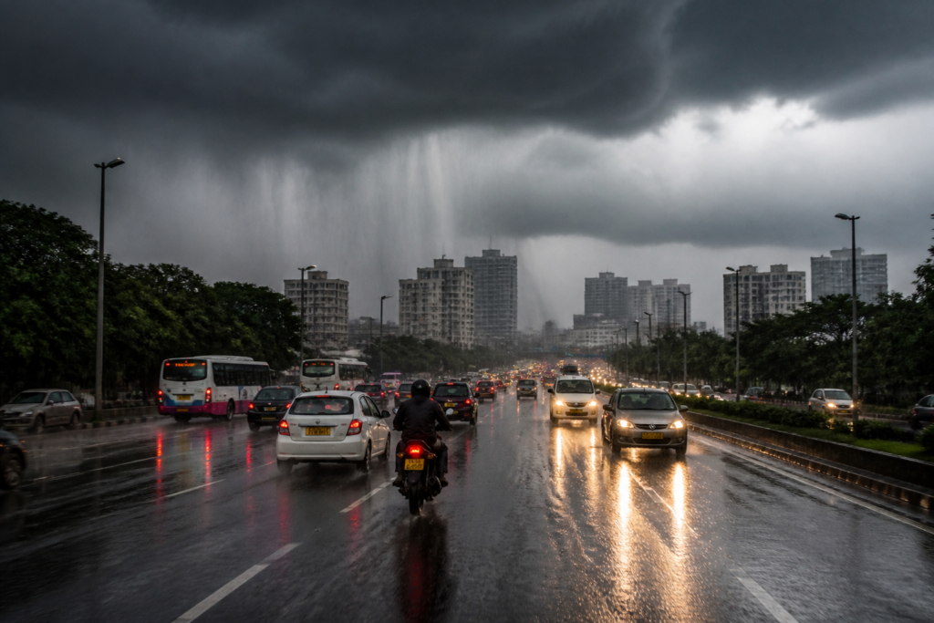 Karnataka heavy rain alert over Bengaluru with commuters and rain clouds on an urban road