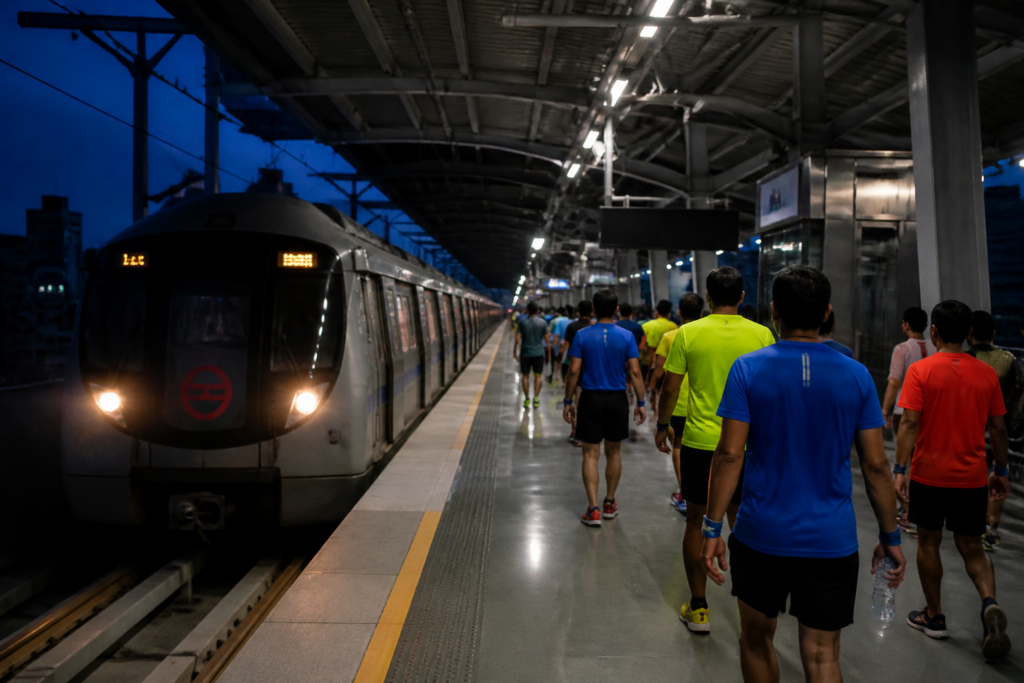 Delhi Metro train operating before dawn for the half marathon