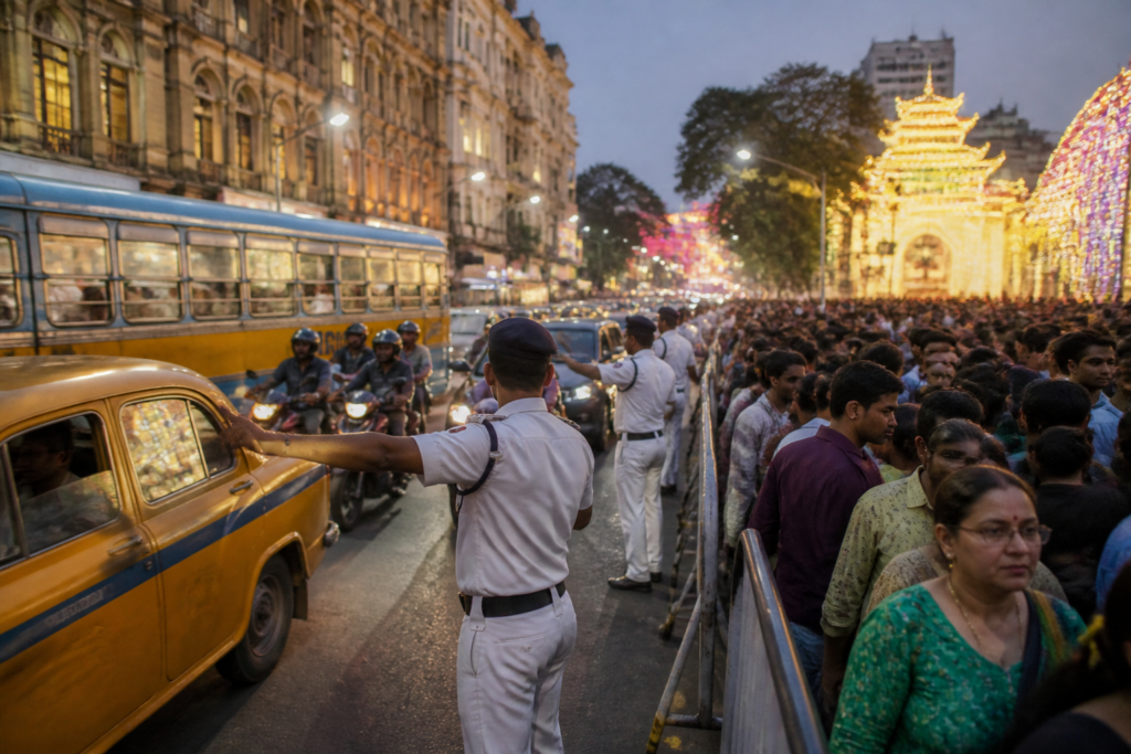 Kolkata traffic police manage crowded Puja-season roads near a busy city market