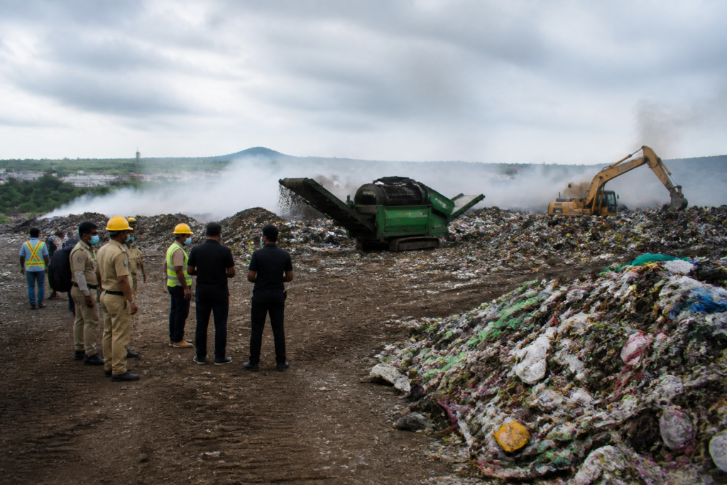 Karimnagar dumping yard where municipal teams are controlling smoke and expanding bio-mining operations