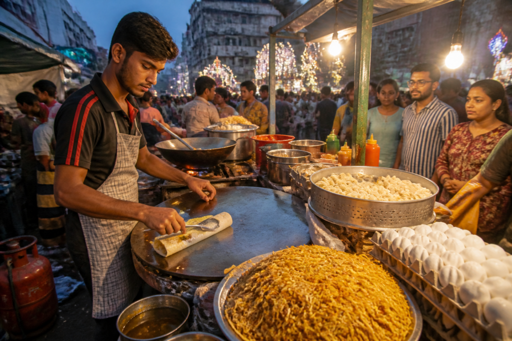 Kolkata street food vendors preparing rolls and chowmein during Durga Puja