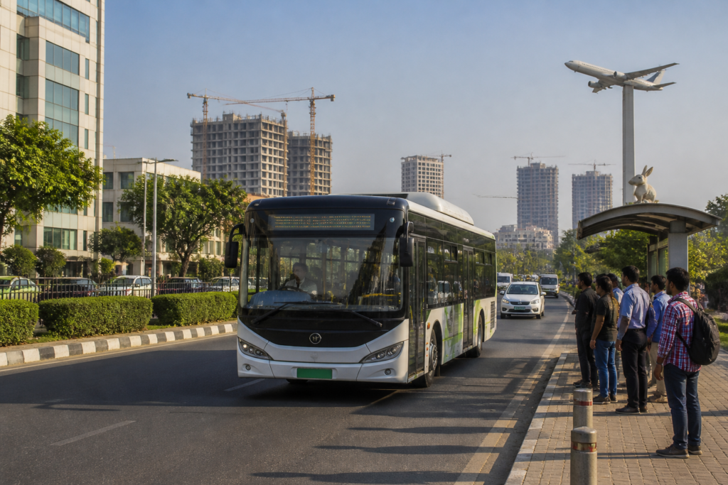 Greater Noida electric buses operating near Pari Chowk and Yamuna City