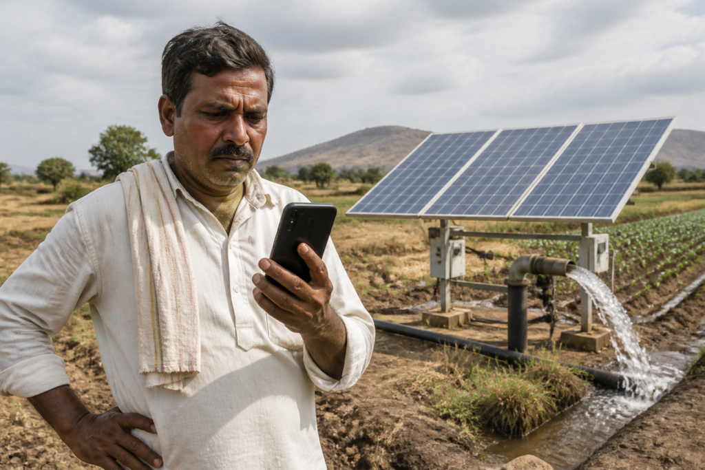 Solar pump equipment and a farmer’s phone representing solar pump fraud in Indapur