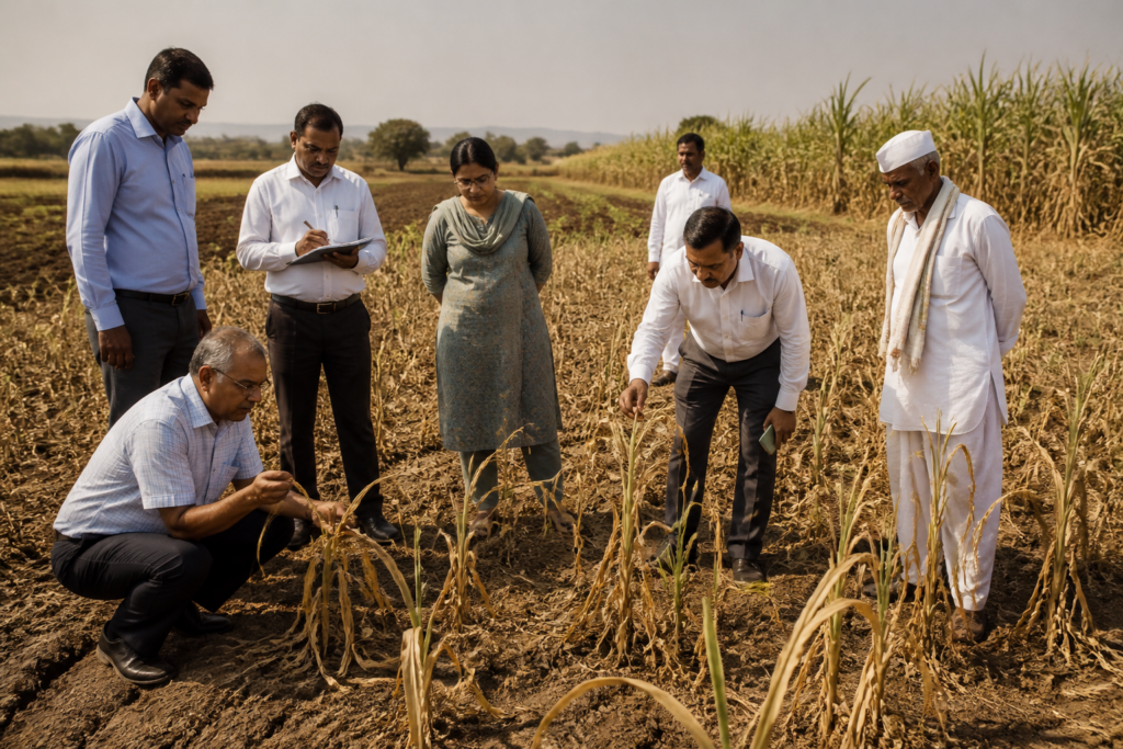 Pune crop damage assessment team inspecting drought-affected farmland in Maharashtra